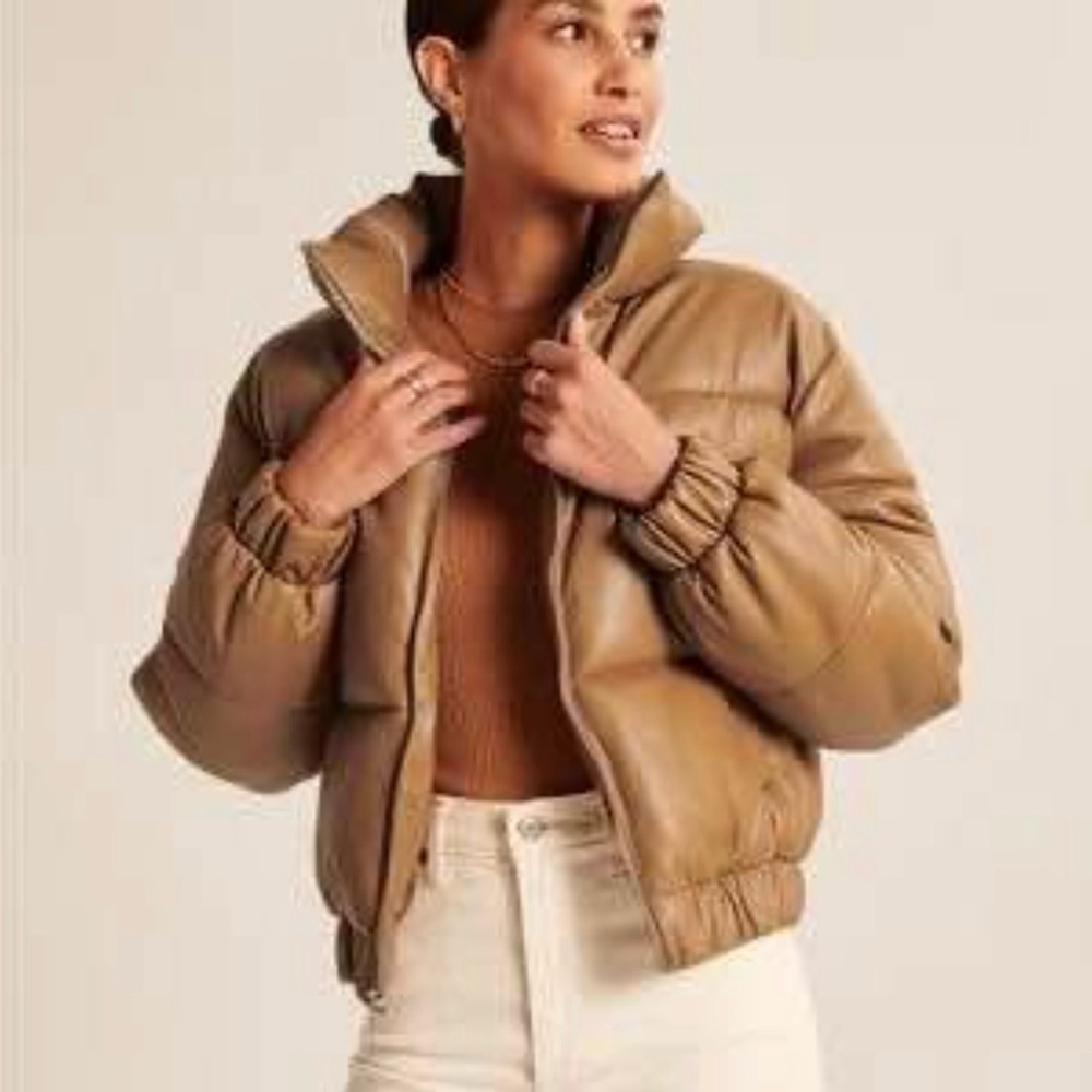Abercrombie & Fitch Women's Brown Vegan Leather Puffer Jacket